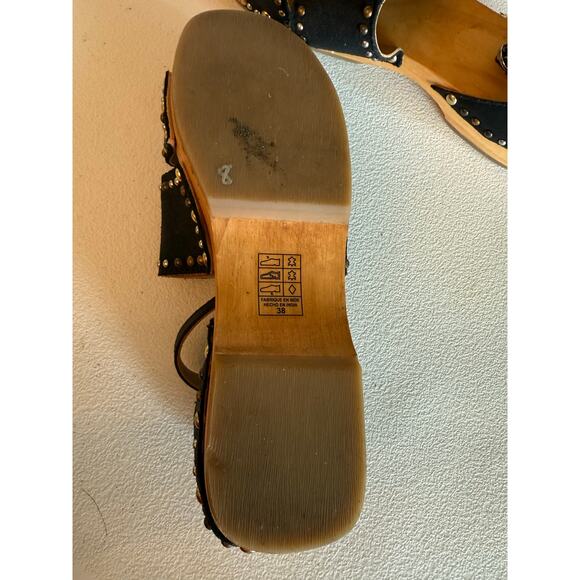 Free People North Shore Black Ankle Strap Leather Sandals EU38 US 8 Wooden Heel - Picture 5 of 5